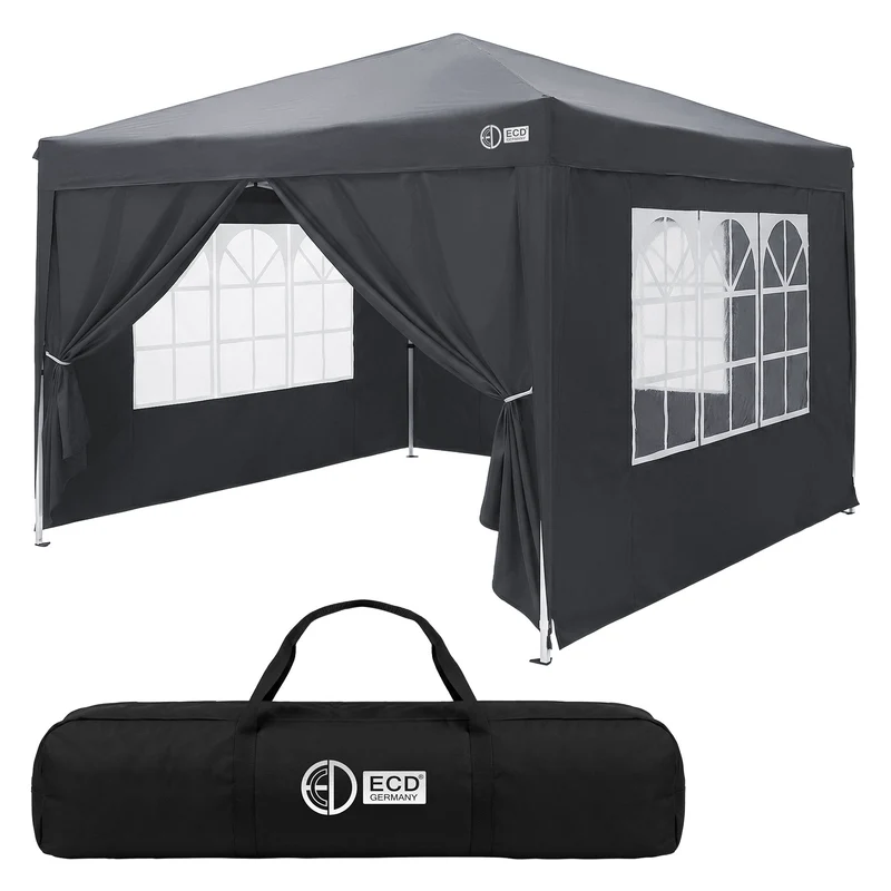 ECD Germany | Pavillon Pop Up Wasserabweisend mit 4 Seitenwänden 3x3 m Polyester Oxford-Gewebe Anthrazit Faltpavillon Gartenpavillon Gartenzelt