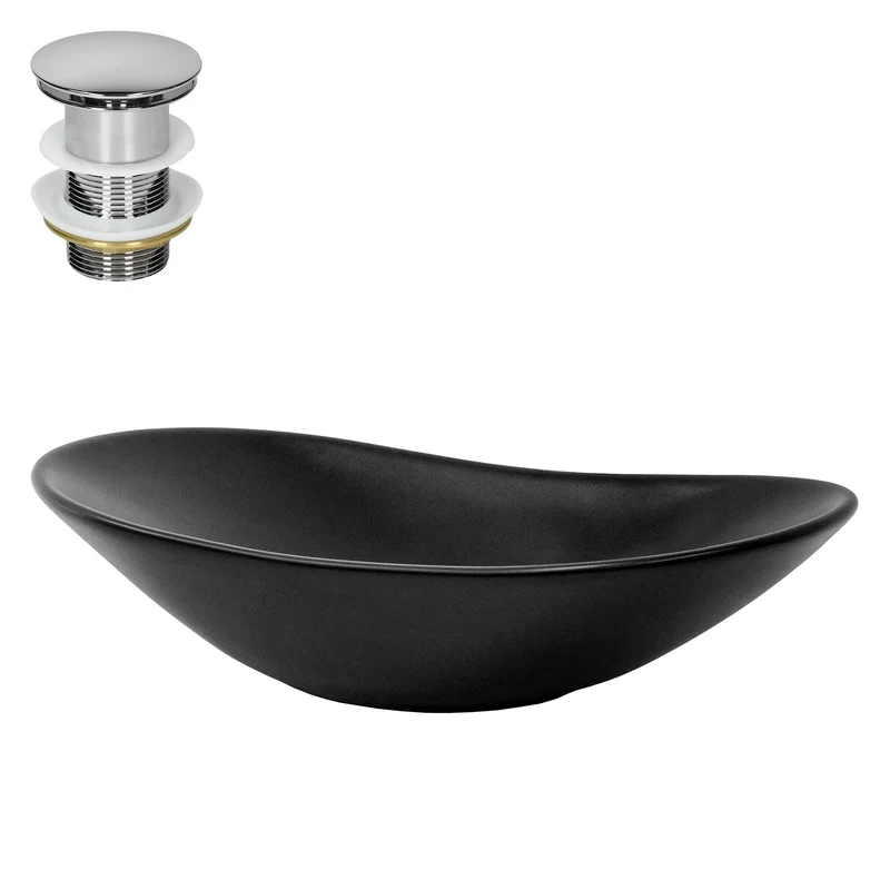 Waschbecken inkl. Ablaufgarnitur Silber ohne Überlauf 63x36x15,5 cm Schwarz aus Keramik LuxeBath