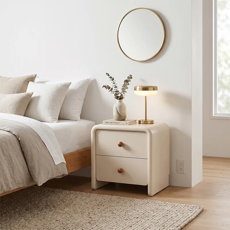 Modern Minimalist MDF Cream Nightstand - 2 Drawers Bedside Table With Rounded Corners & Open Base Storage Cabinet For Bedroom
