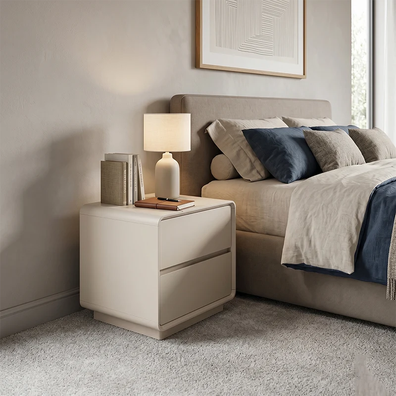 Modern Minimalist MDF Cream White Nightstand 2-Drawer - Rounded Edge Bedside Storage Cabinet With Hidden Handle For Bedroom