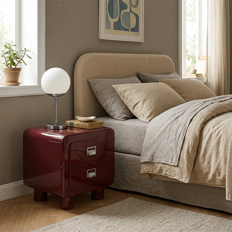 French Round Leg Nightstand - High-Gloss E0 Grade MDF Frame 2-Drawer Bedside Table For Bedroom