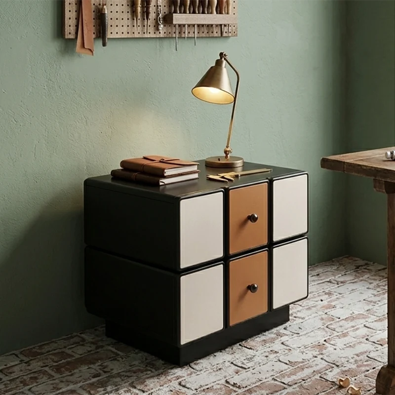 Contemporary Geometric MDF Nightstand - Retro Color Contrast Panels Bedside Table With 2 Drawers & Circular Handles For Bedroom