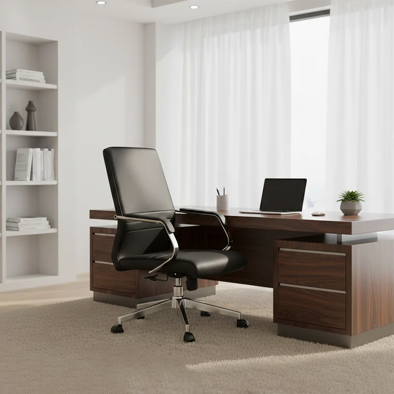 Modern Minimalist Ergonomic Mid-Back Office Chair - Adjustable Height Swivel Leather Plywood Metal Desk Chair With Wheels And Reclining Function