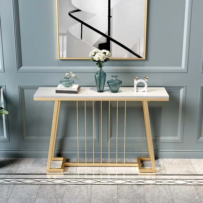 Glam Iron Console Sofa Table Rectangle Marble End Table for Hall