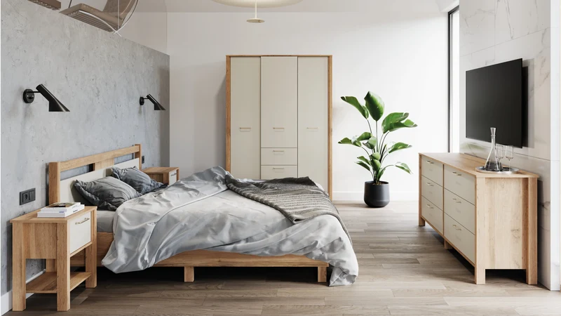 Velario Schlafzimmer-Set 5-teilig – Modernes Schlafzimmer in Wotan Eiche / Beige