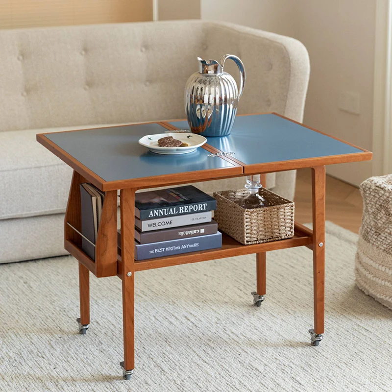 Contemporary Scandinavian Rectangular Cherry Wood Plywood Stainless Steel Movable Extendable Coffee Table 2-Tier For Living Room