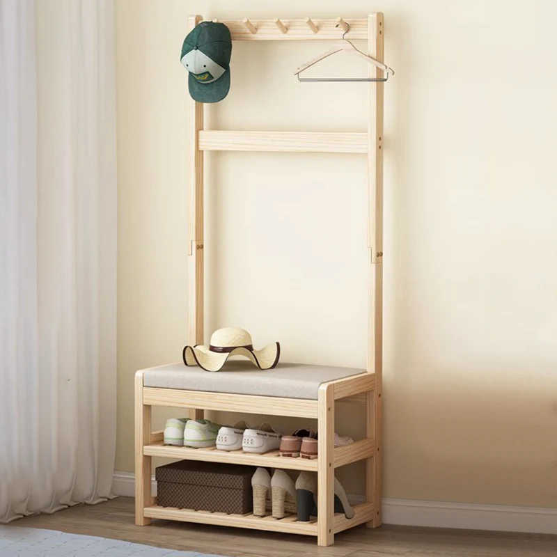 Modern Minimalist Solid Wood Linen Rectangular Shoe Bench 2-Tier Hall Tree For Entryway