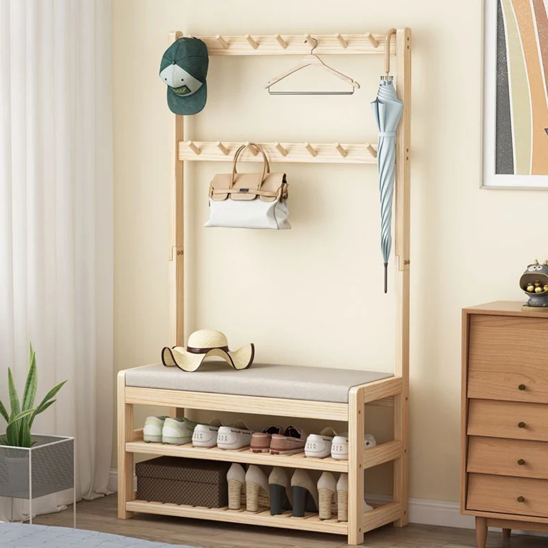 Modern Minimalist Solid Wood Linen Rectangular Shoe Bench 2-Tier Hall Tree For Entryway