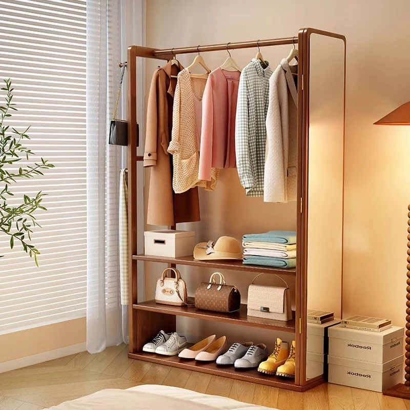 Modern Minimalist Rubberwood Glass Rectangular Hall Tree 3-Tier Full-Length Mirror For Bedroom & Living Room