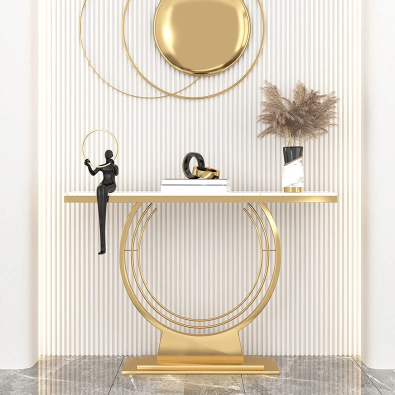 Glam Rectangle Console Table 31.5" Tall Stone Accent Table with 1 Shelf
