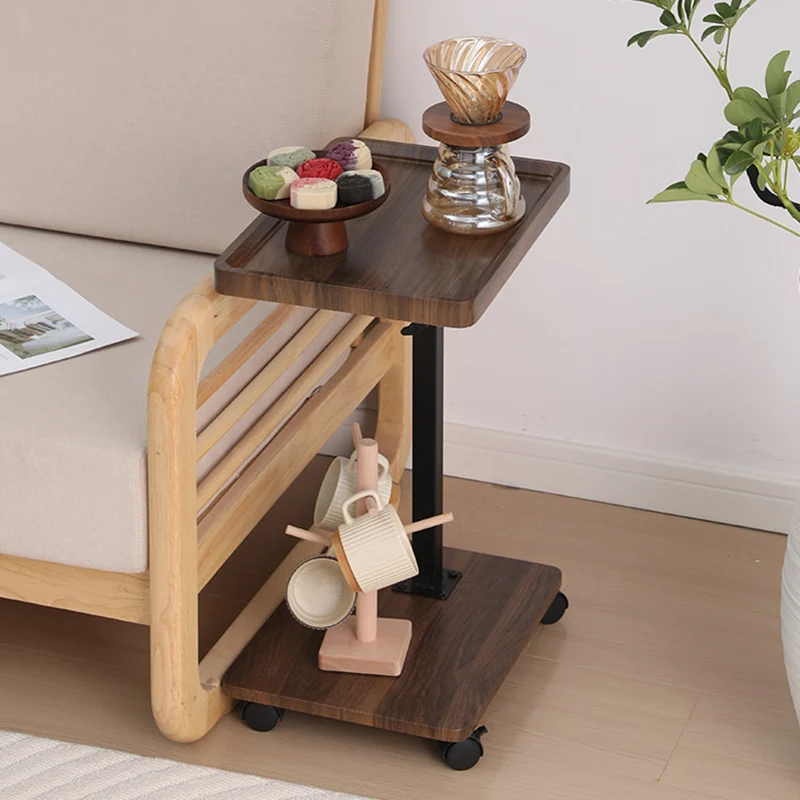 Modern Minimalist MDF Carbon Steel Rectangular & Round Movable Liftable Side Table 2-Tier For Living Room