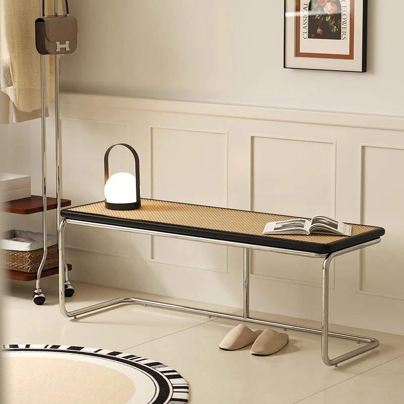 Contemporary Industrial Rectangular Rubberwood Stainless Steel Rattan Weaving Lightweight Bench Backless Armless For Hallway & Entryway