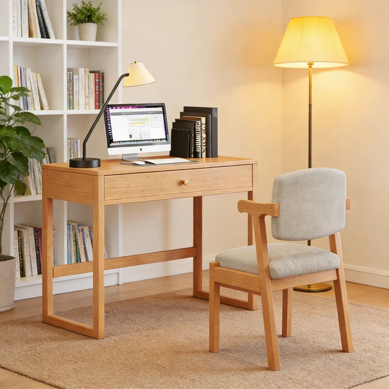 Modern Minimalist Rubberwood Rectangular Desks 1/2-Drawer For Home Office