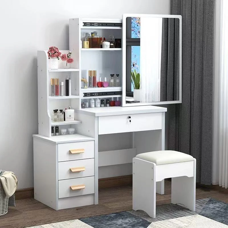 Modern Minimalist Rectangular Medium Density Fiberboard Glass Makeup Vanity 4-Drawer For Bedroom