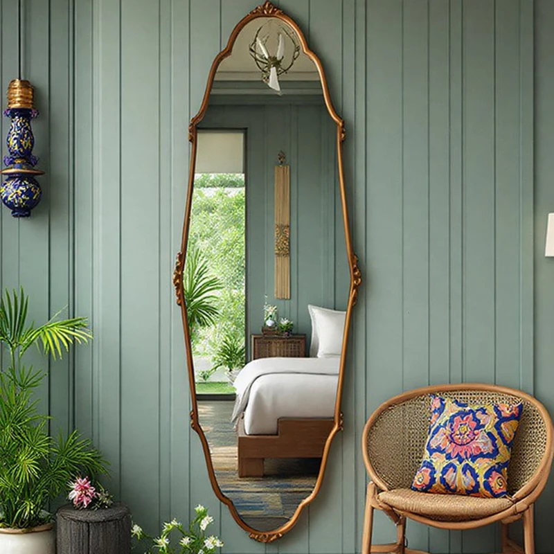 Traditional Vintage Oval HD Silver Mirror Medium-Density Fiberboard Carved Full-Length Wall Mirror For Living Room