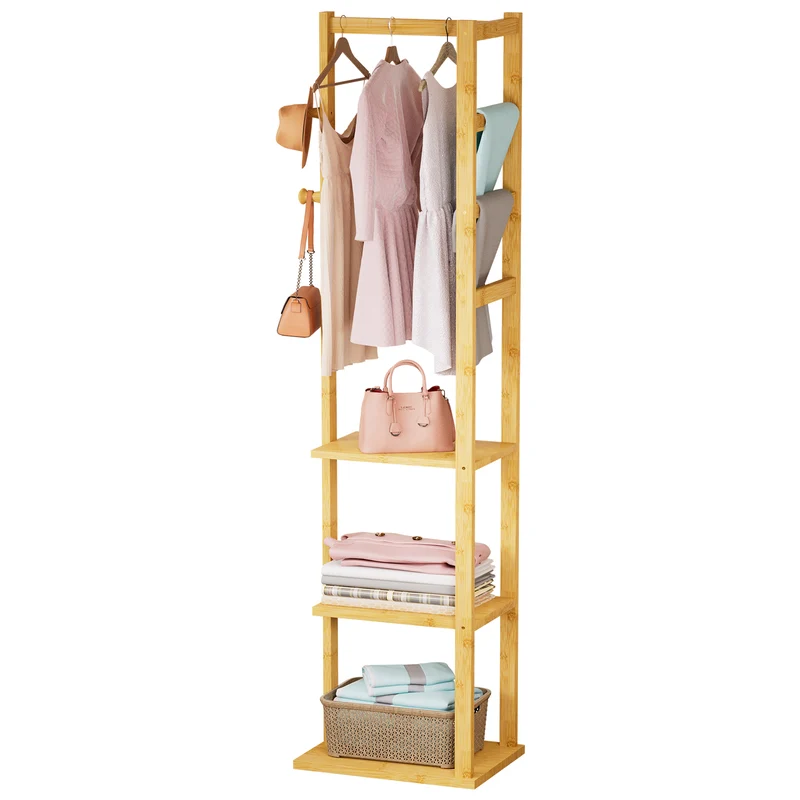 Yorbay Garderobenständer aus Bambus mit 3 Ablagen, 30 x 38/41 x 175 cm