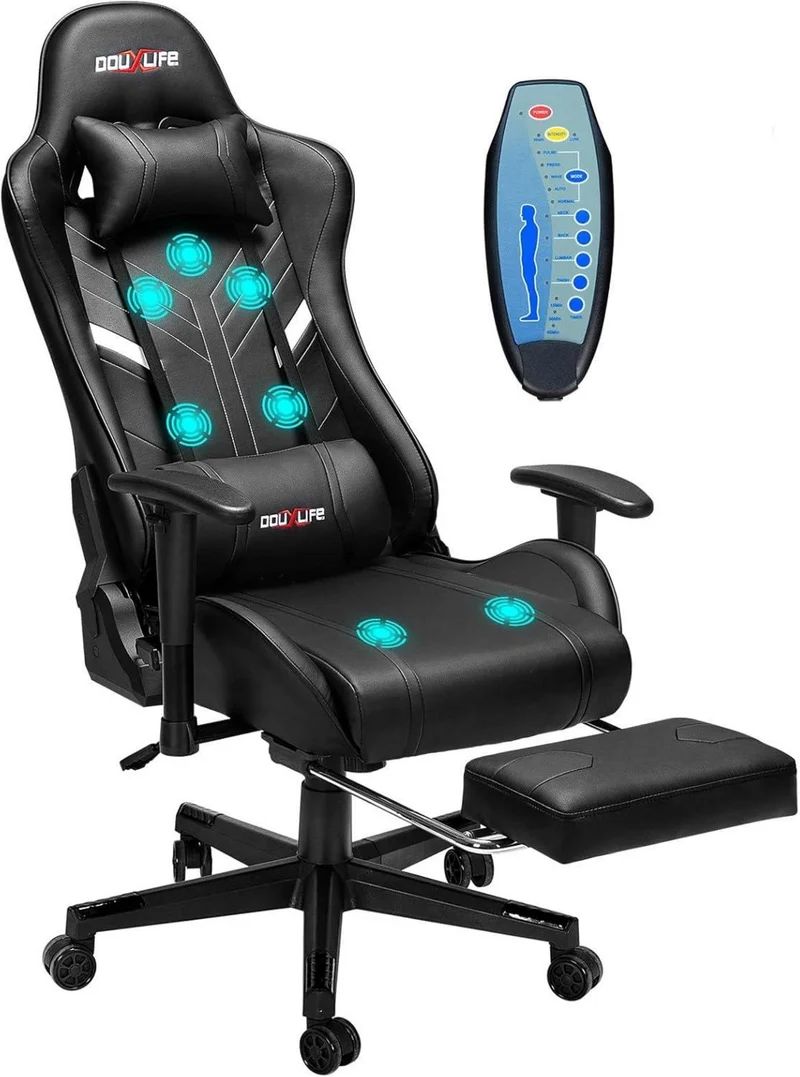 Gaming Stuhl mit 7 Punkt Massage und Fußstütze, Schwarz
