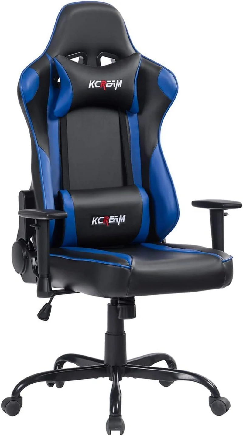 Ergonomischer Gaming Stuhl mit Fußstütze und PU Leder, Blau