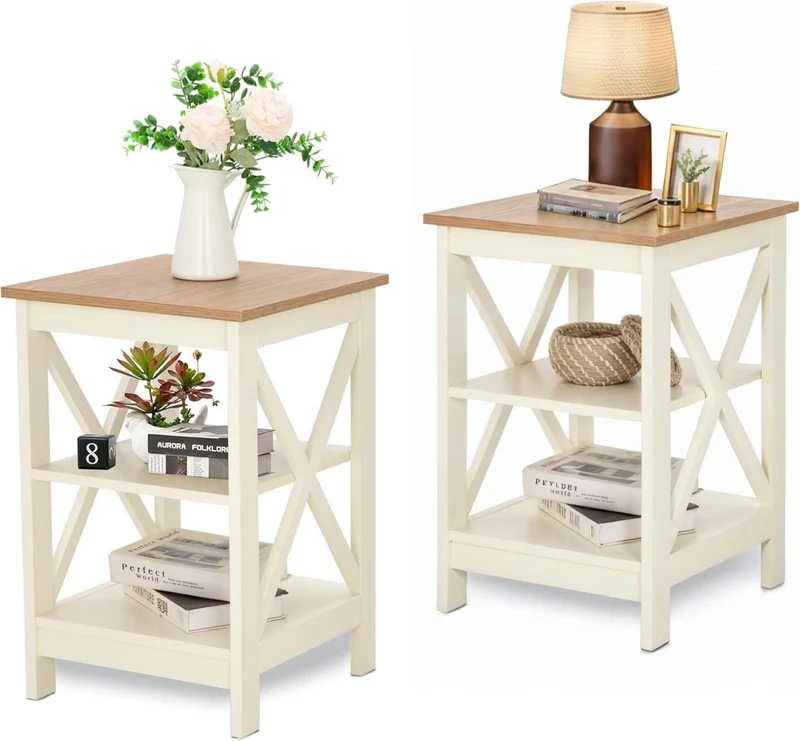 2er Set Nachttische 3 Ebenen Elfenbein Modern mit Stauraum