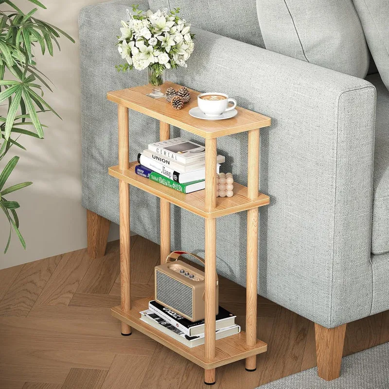 Schmaler Holz Beistelltisch mit Stauraum 3 Ebenen Natur