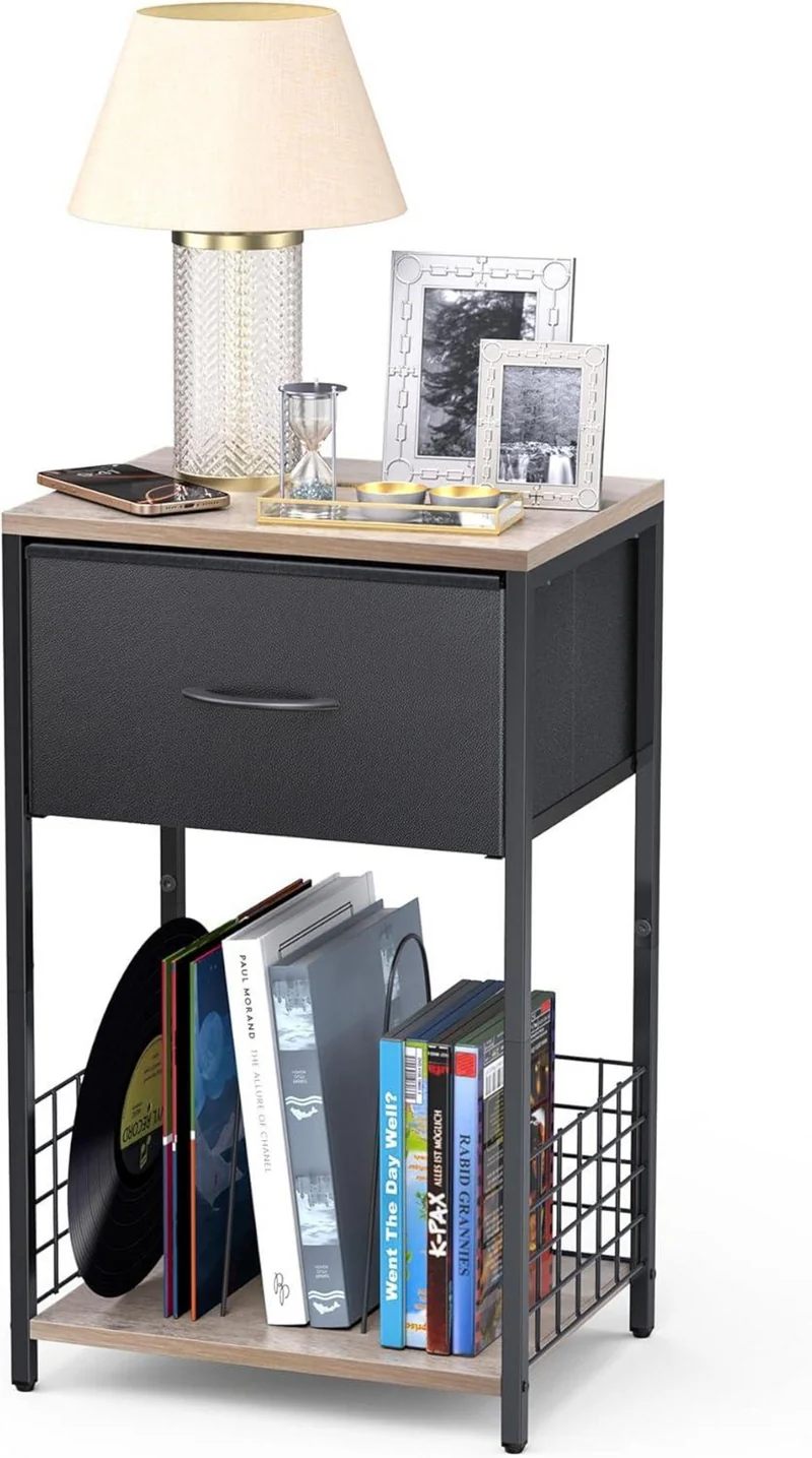 Nachttisch mit Stoffschublade und Bücherregal Grau