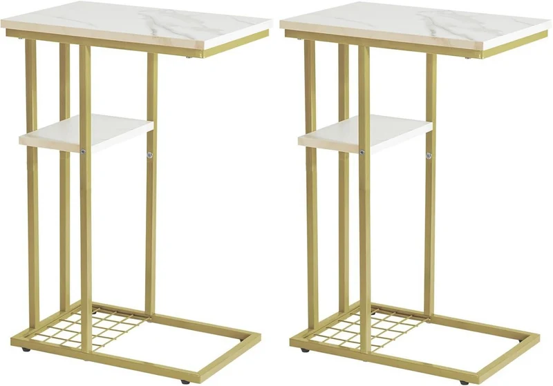 YMYNY Beistelltisch C-Form 2er-Set Weiß Gold Marmor