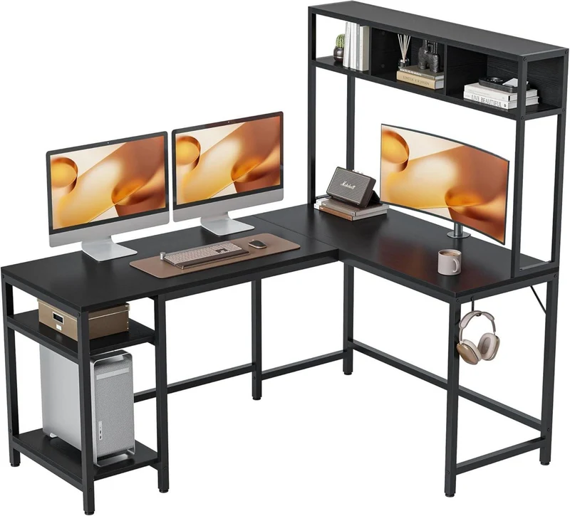 Schreibtisch L-Form mit Regal, Gaming, Schwarz, 150x120 cm