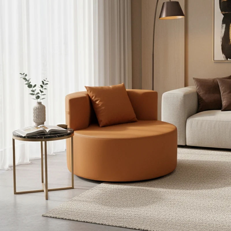 Contemporary Round Leathaire Compressed Sofa - Scandinavian High-Density Sponge Lounge Chair For Living Room