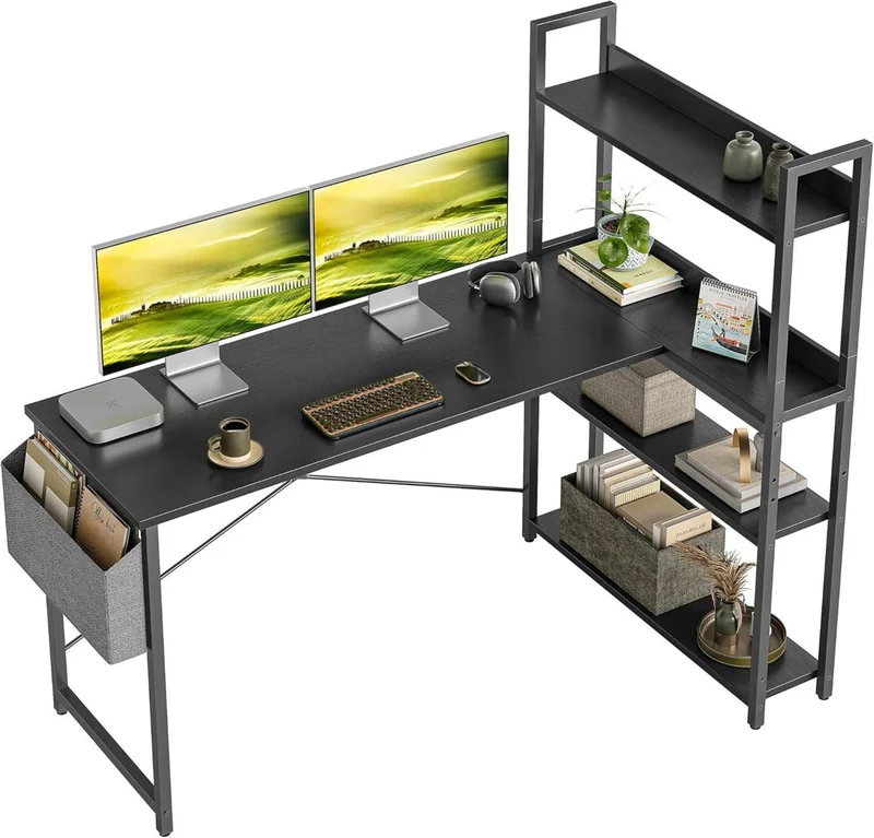 Eckschreibtisch mit Regal und Ablagefächern, 140cm Schwarz
