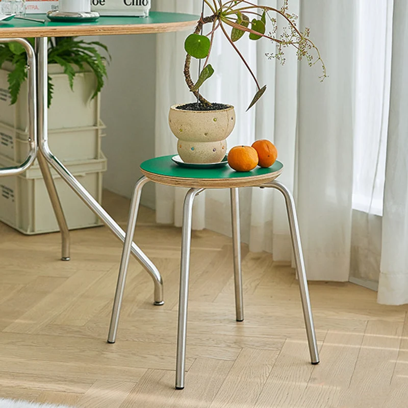 Contemporary Industrial Round Solid Wood Plywood Veneer Stainless Steel Stackable Dining Chair Backless Armless For Dining Room