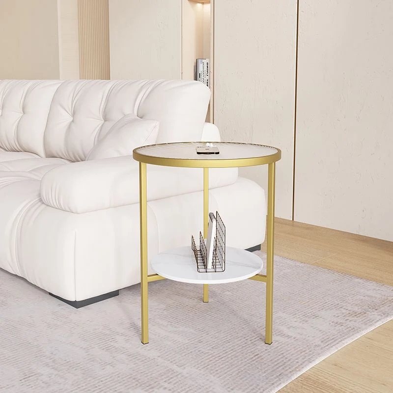 Modern Minimalist Cylindrical Round Glass Stone Slab Iron Side Table 2-Tier For Living Room