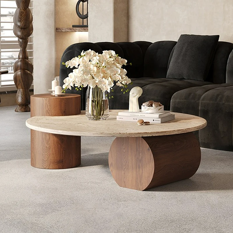 Modern Minimalist Natural Travertine & Solid Wood Round Coffee Table With Dual-Level Top For Living Room