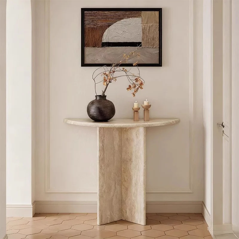 Modern Minimalist Natural Travertine Half Moon Console Table Against The Wall Space-saving For Living Room Entryway