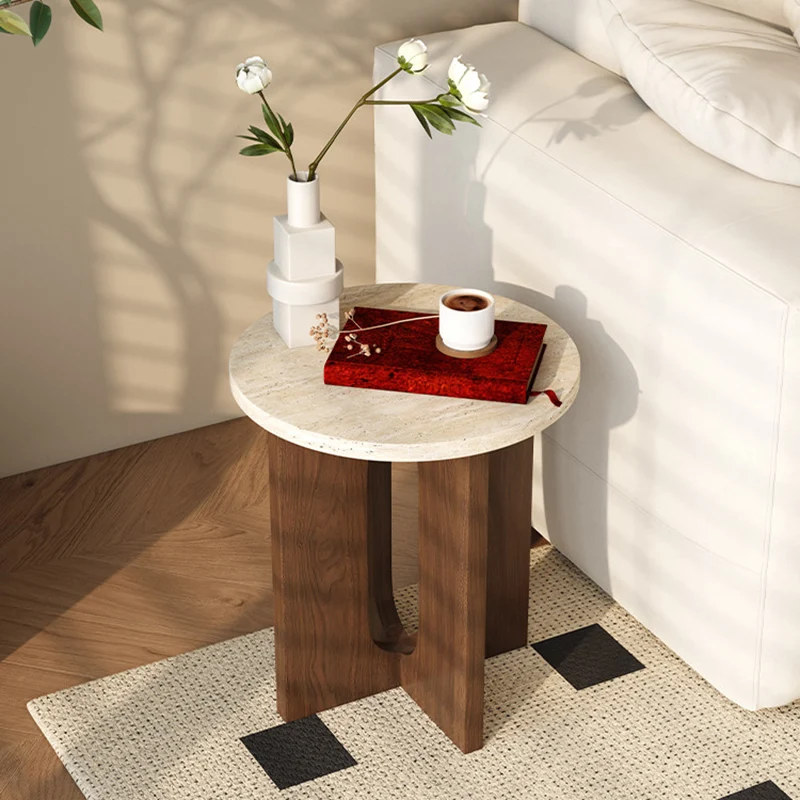 Contemporary Nordic Natural Travertine Pine Wood Round Side Table For Living Room