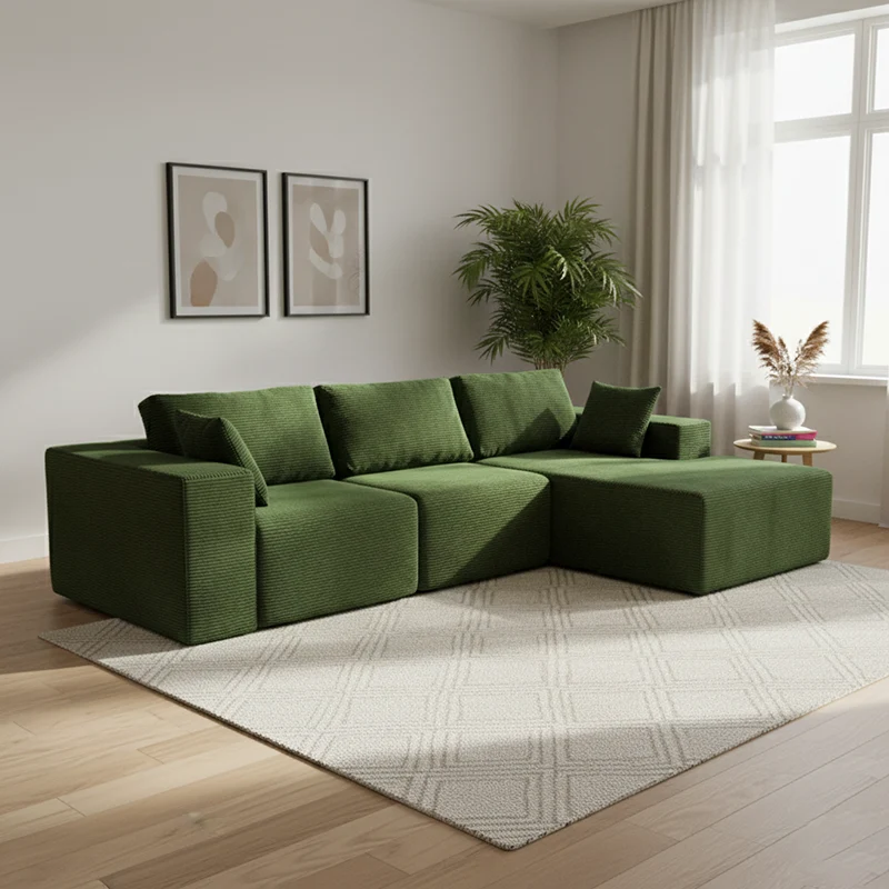 Modern Minimalist Corduroy Compression Sectional Sofa - Frame-Free High Resilience Foam Couch For Living Room