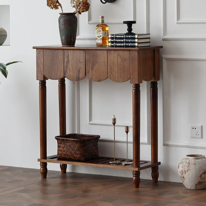 Modern Mid-Century Wavy-Edge Rectangular Solid Wood Console Table 2/3-Drawer For Entryway & Hallway
