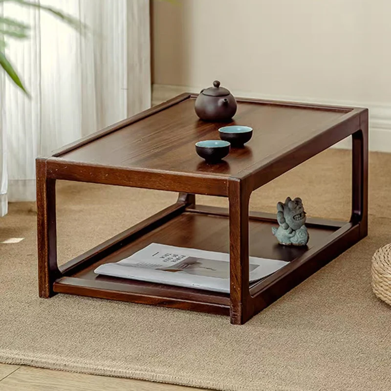 Traditional Japanese Walnut Wood Rounded Rectangular Coffee Table 2-Tier For Living Room