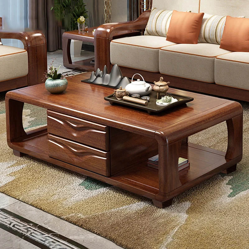 Traditional Vintage Walnut Wood Rounded Rectangular Coffee Table 4-Drawer For Living Room