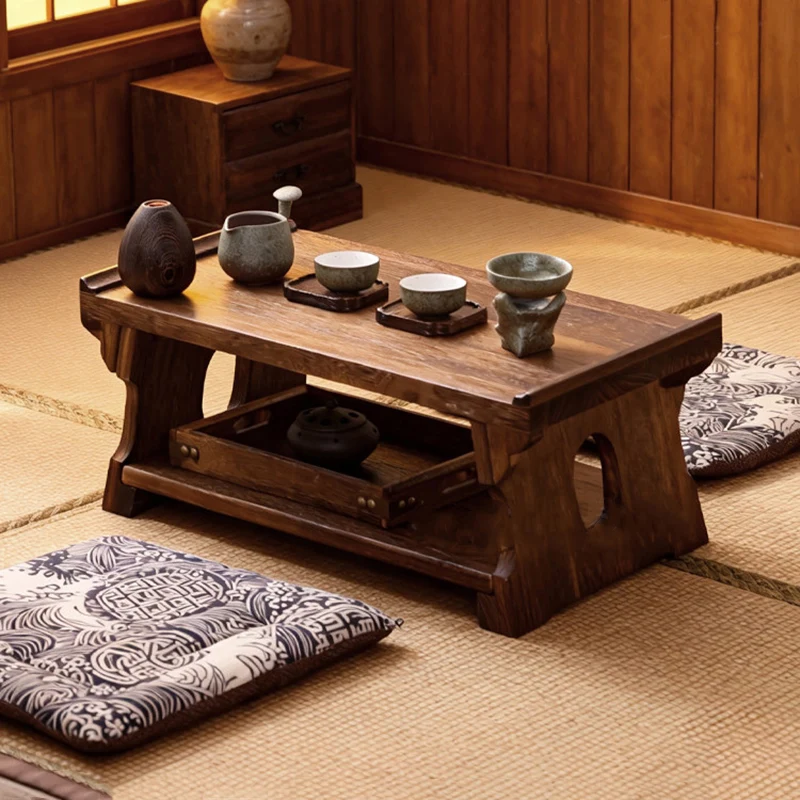 Traditional Japanese Paulownia Wood Foldable Rectangular Coffee Table 2-Tier For Living Room