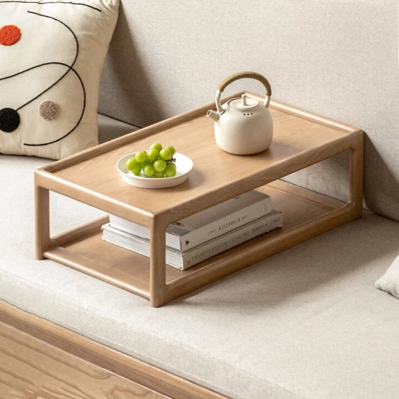 Modern Minimalist Oak Wood Rectangular Coffee Table 2-Tier For Living Room