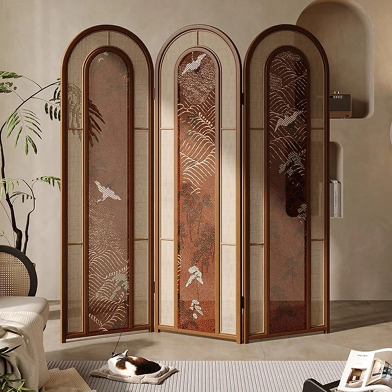 Traditional Vintage Rectangular Pine Wood PVC Rattan Crane Carved Foldable Room Divider 3-Panel For Living Room