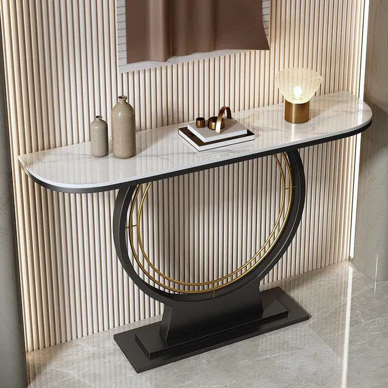 11" Wide Glam Console Table Stone Half Moon Console Accent Table