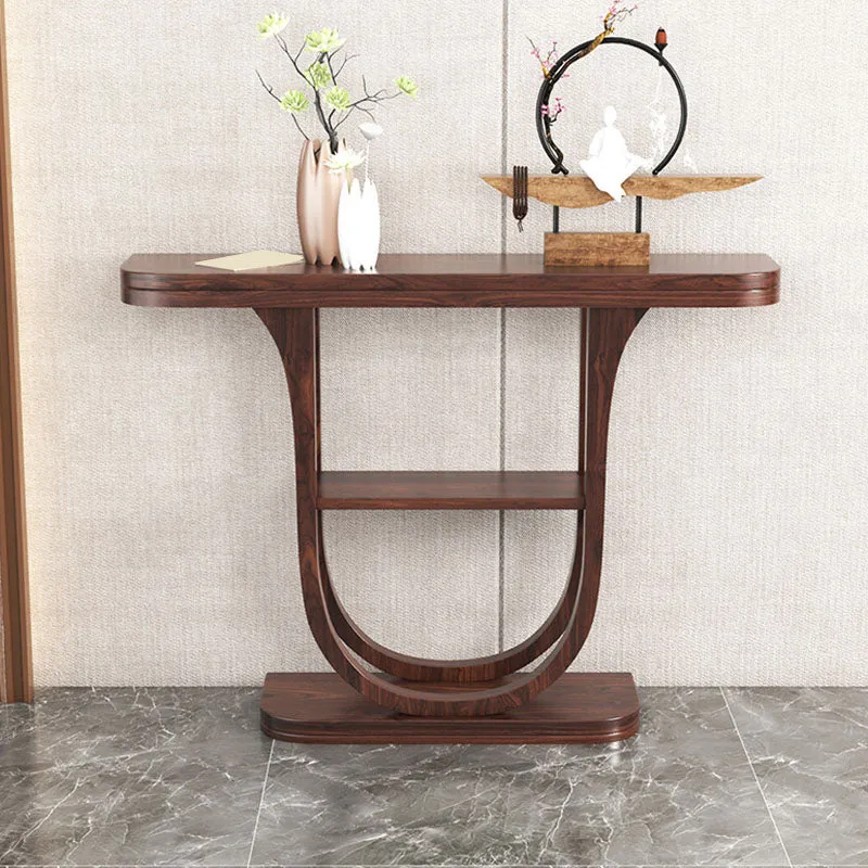 Solid Wood Half Moon Accent Table 2-shelf 33.46" Tall Console Table