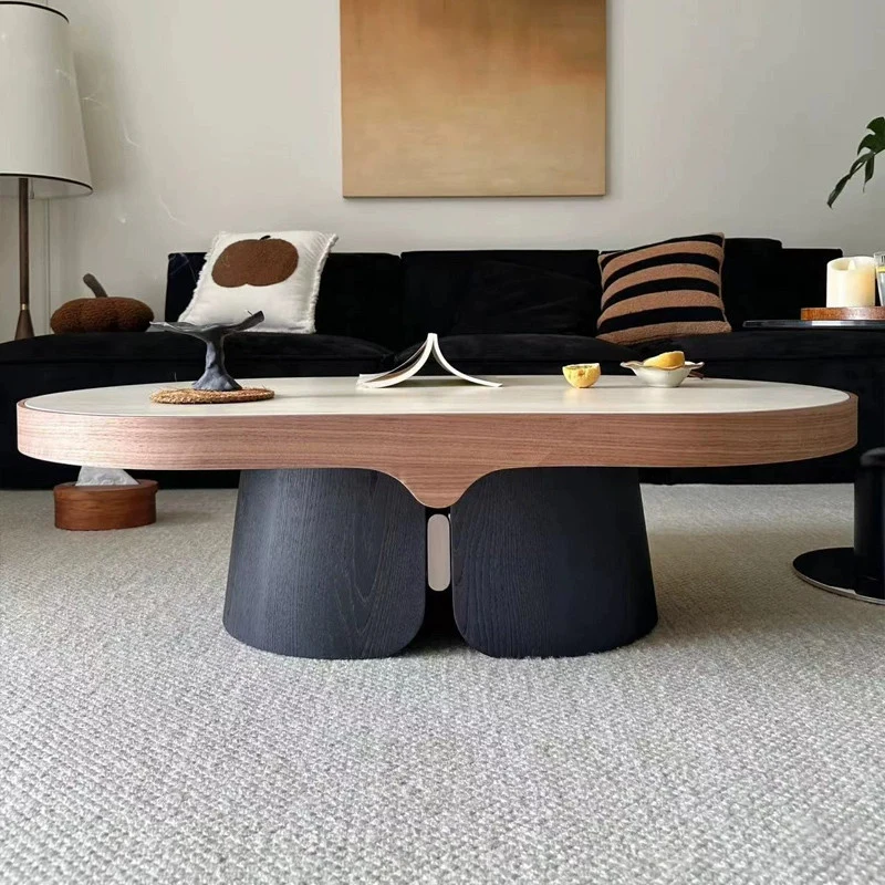 Modern Minimalist Yellow Travertine Solid Wood Plywood Stainless Steel Oval Coffee Table For Living Room
