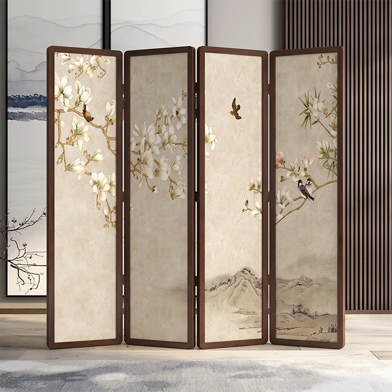 Traditional Chinese Pine Wood Georgette Fabric Rectangular Room Divider Folding For Living Room