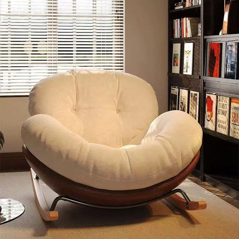 Contemporary Nordic Woven Fabric Cat-Scratch Leather Rubberwood Carbon Steel Round Rocking Chair Backrest Armrest For Living Room