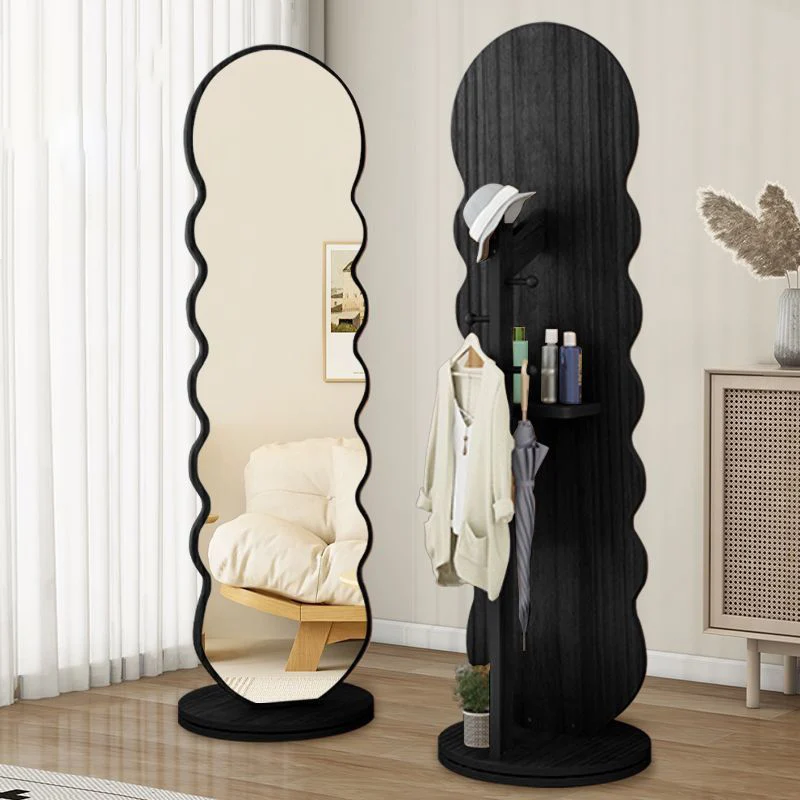 Modern Minimalist Oval Round Wavy Chipboard Glass Rotatable Full-Length Floor Mirror 2-Tier For Bedroom