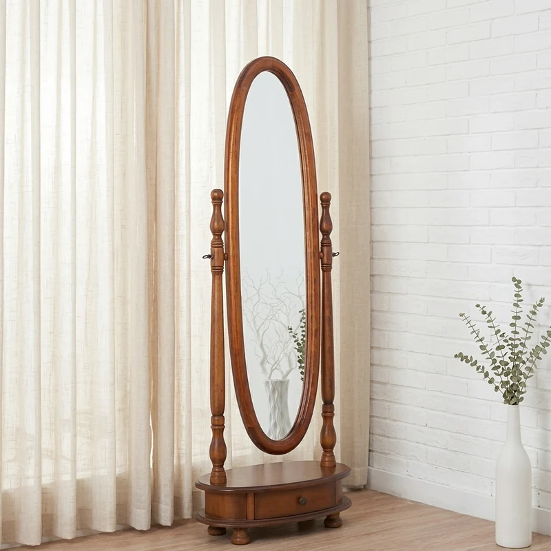 Traditional Vintage Oval-Shaped Carbonized Poplar Wood Paulownia Wood Medium Density Fiberboard Glass Rotatable Full-Length Floor Mirror 1-Drawer For Bedroom
