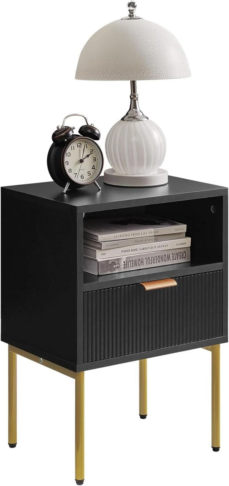 IBUYKE Nachttisch mit Aufbewahrungsschublade Schwarz Gold