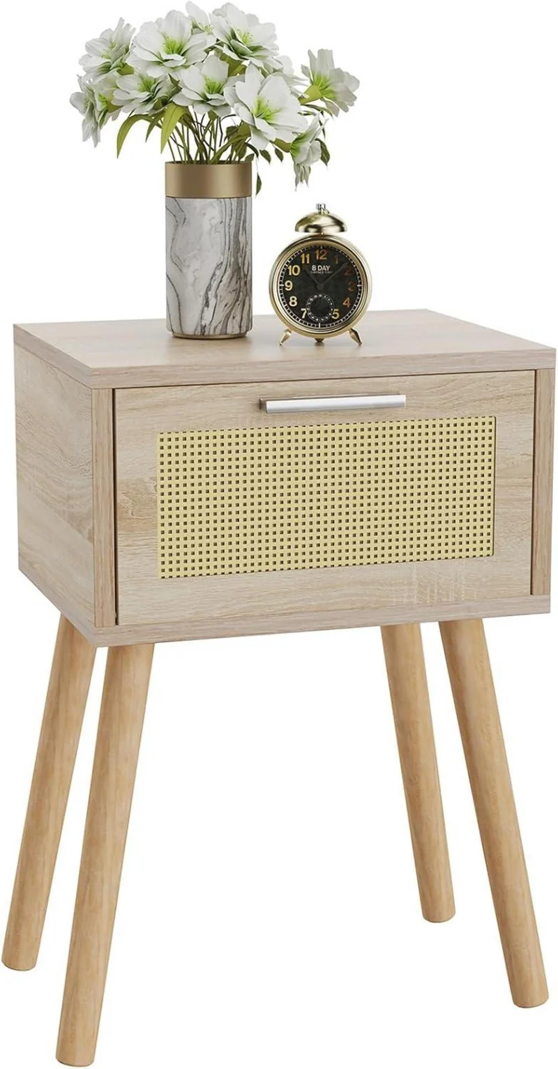 YMYNY Rattan Nachttisch mit Magnetschublade und Massivholz